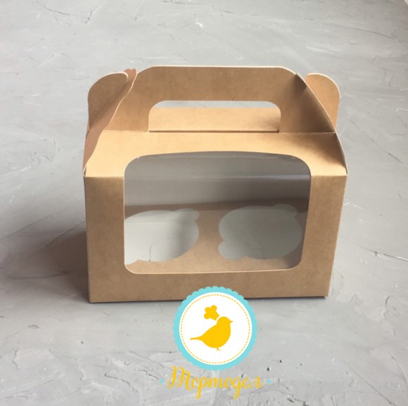 Коробка на 2 кекса 175х105х80 с ручкой крафт.Купить в Харькове,Киеве по лучшей цене в интернет- магазине Тортодел