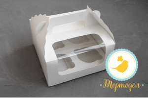 Коробка на 4 кекса 170х170х85 с ручкой белая