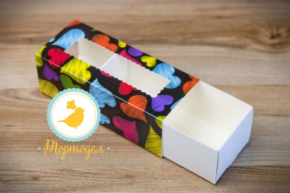 Коробка для Макаронс Сердца темный фон 141х59х49.Купить в Харькове,Киеве по лучшей цене в интернет- магазине Тортодел