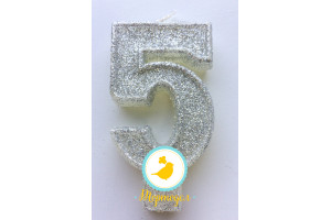 Свеча цифра "5" с блестками серебро_фото Свеча цифра "5" с блестками серебро