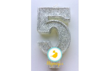 Свеча цифра "5" с блестками серебро_фото Свеча цифра "5" с блестками серебро